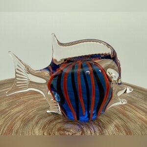 MURANO STYLE ANGEL FISH FIGURINE PAPERWEIGHT HAND BLOWN ORANGE BLUE STRIPES
